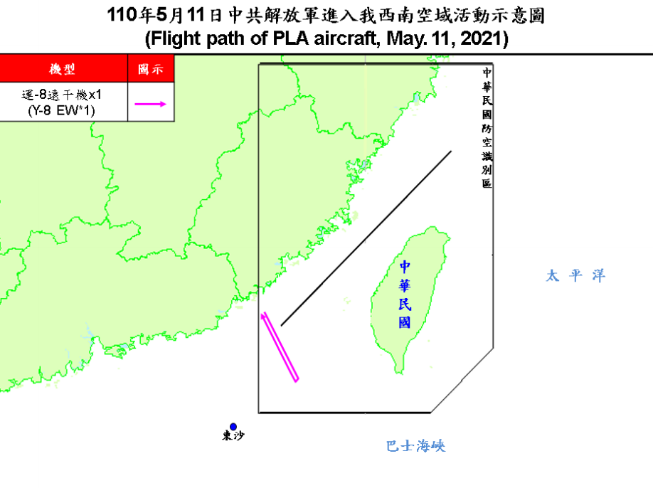 空軍今天發布的共機動態，1架運8遠干機侵擾台灣西南防空識別區（ADIZ）；空軍派遣空中巡邏兵力應對、廣播驅離、防空飛彈追蹤監控。（國防部提供）
