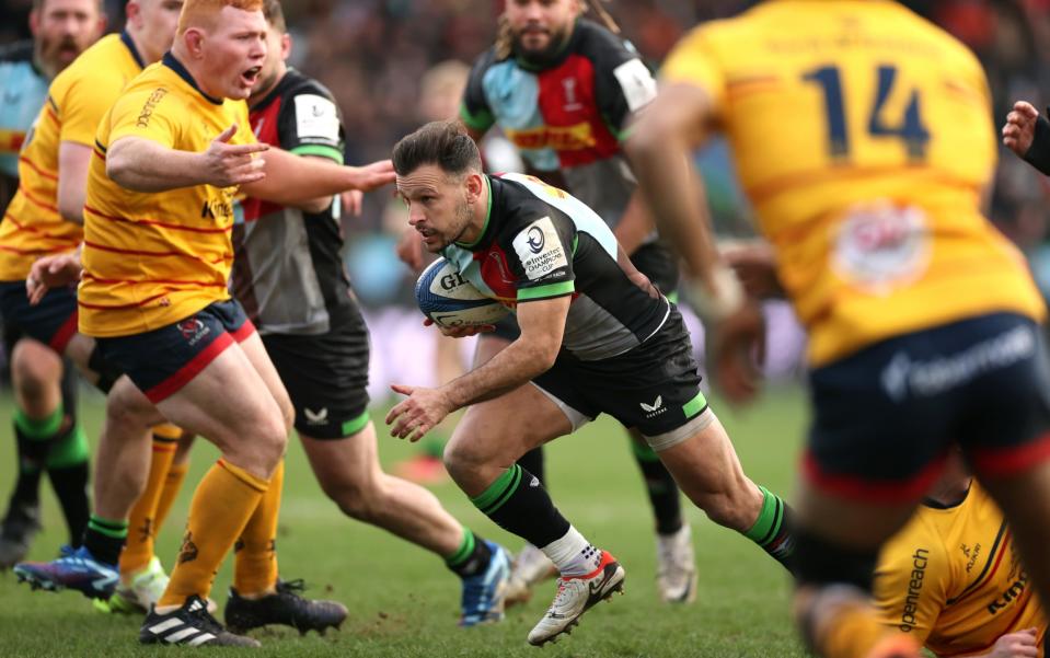 Danny Care of Harlequins scores his team's fourth try during the Investec Champions Cup match between Harlequins and Ulster Rugby at Twickenham Stoop on January 20, 2024 in London