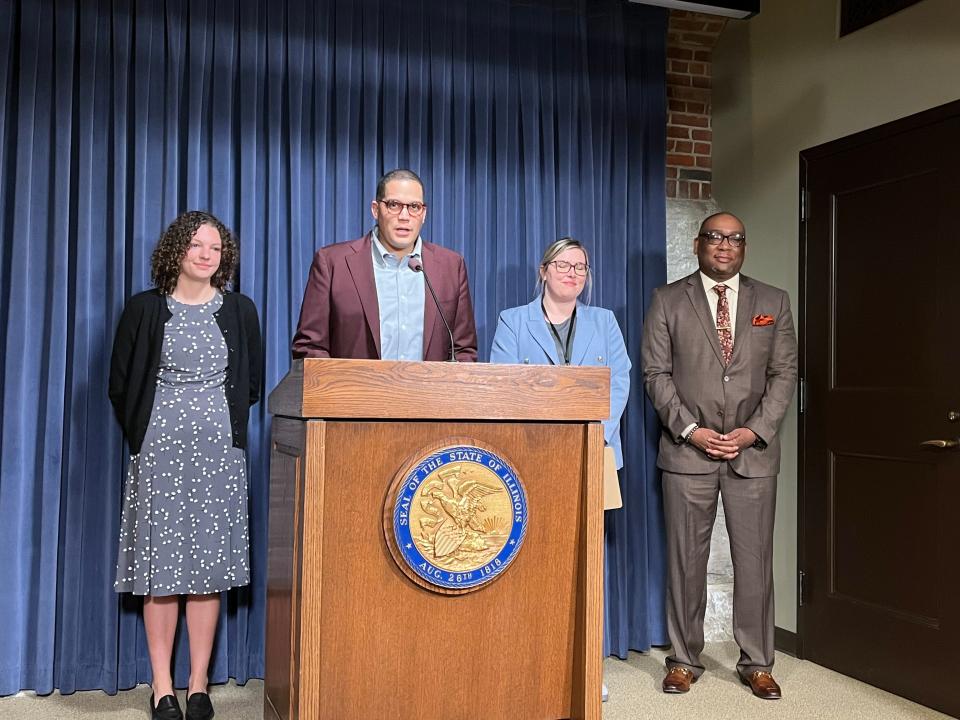 Sen. Robert Peters speaks at a press conference at the Illinois State Capitol on March 22, 2024, in Springfield.