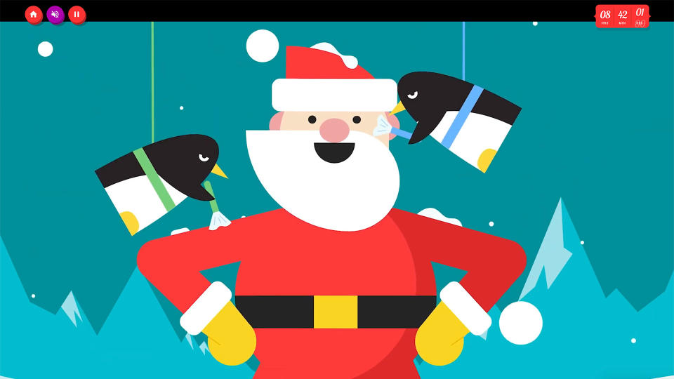 A still from the intro video to Google's 2023 Santa tracker showing Santa and two penguins