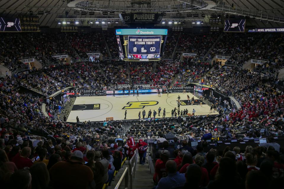 A view of a sold-out Mackey Arena for the NCAA women's basketball game between the Purdue Boilermakers and the Indiana Hoosiers, Sunday, Feb. 5, 2023, at Mackey Arena in West Lafayette, Ind. Indiana Hoosiers won 69-46.