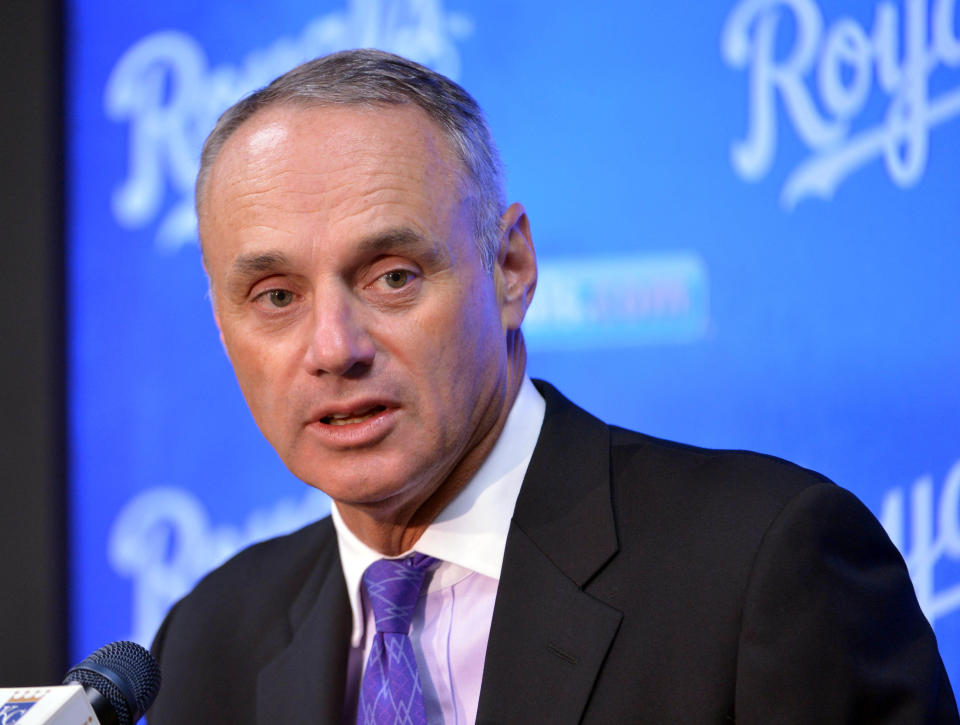 Apr 5, 2016; Kansas City, MO, USA; Major League Baseball commissioner Rob Manfred speaks to media before the game between the Kansas City Royals and New York Mets at Kauffman Stadium. Mandatory Credit: Denny Medley-USA TODAY Sports