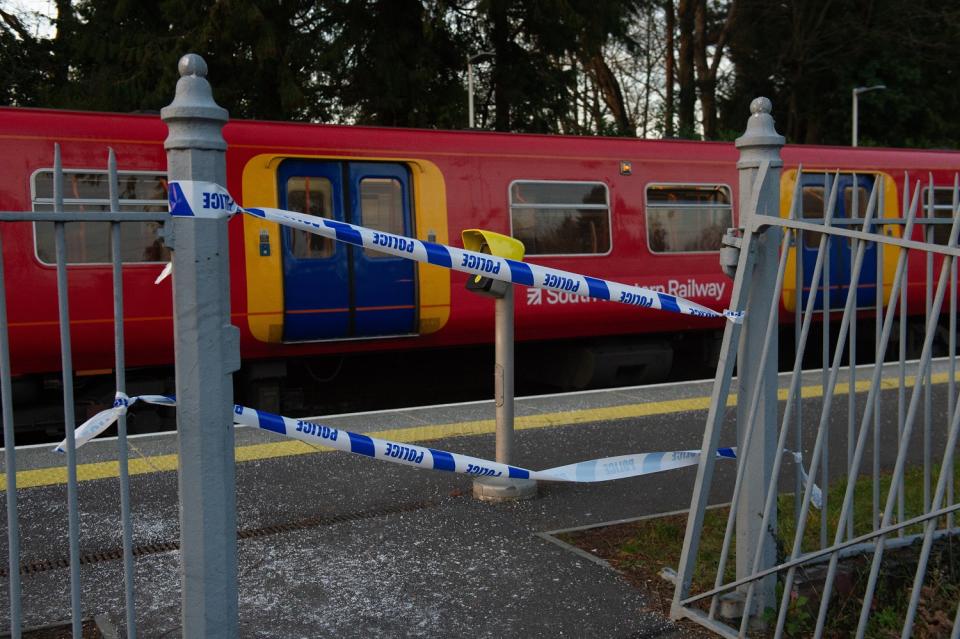 The scene at Horsley station, in Surrey, shortly after police and paramedics were called following a fatal stabbing onboard the 12.58pm service from Guildford to London Waterloo. (SWNS)