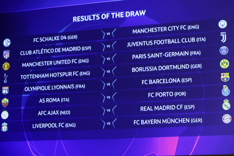 The group formations are shown on an electronic panel after the drawing of the games for the Champions League 2018/19 Round of 16, at the UEFA headquarters in Nyon, Switzerland, Monday, Dec. 17, 2018. (Salvatore Di Nolfi/Keystone via AP)