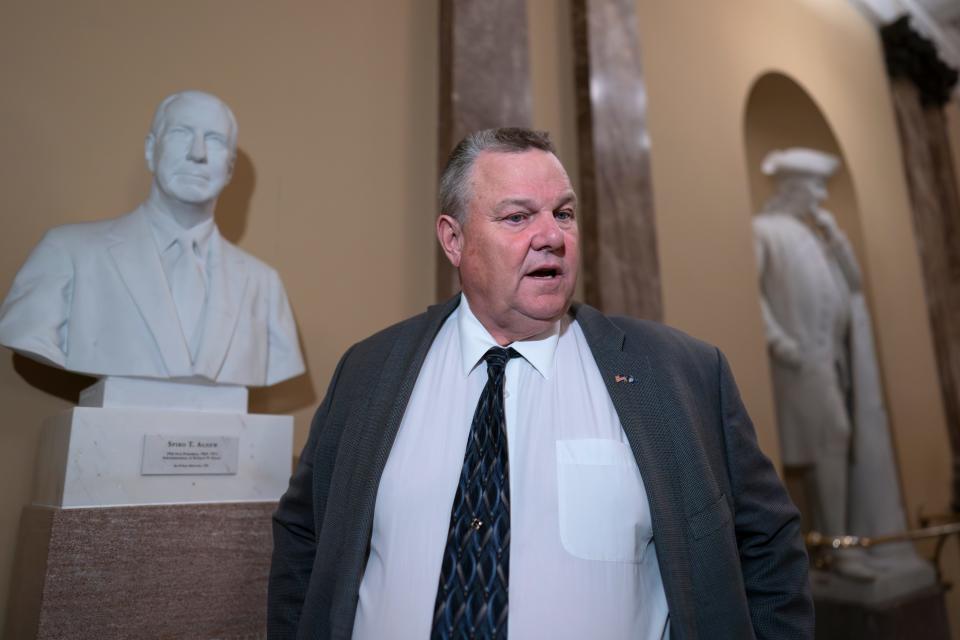 Sen. Jon Tester, D-Mont., chairman of the Senate Committee on Veterans' Affairs, speaks with reporters before meeting with the Senate Democratic Caucus, at the Capitol in Washington, Tuesday, June 13, 2023.