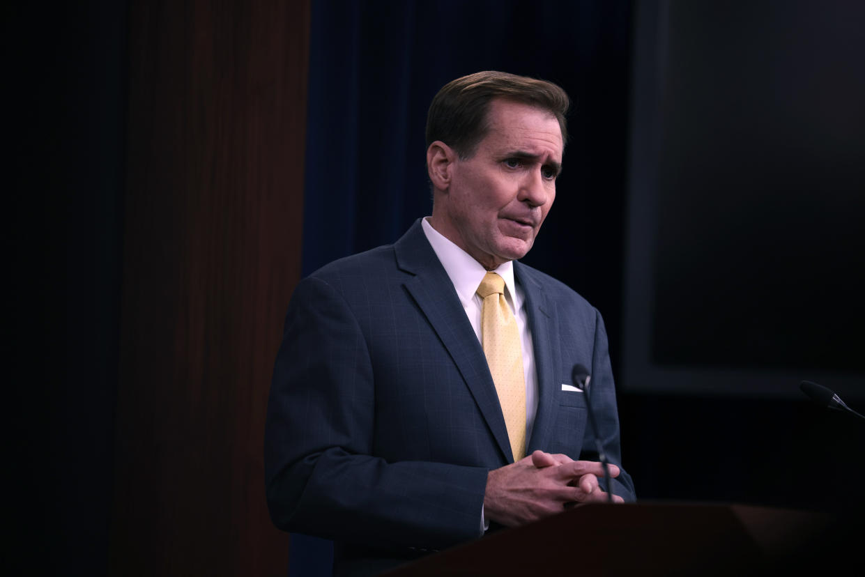 John Kirby, the Pentagon press secretary, addresses a press briefing in Arlington, Va., on Aug. 30, 2021. 