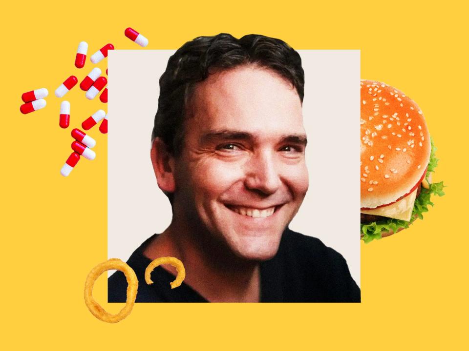 Dr. Max Nieuwdorp surrounded by a burger, onion rings, and anitbiotics