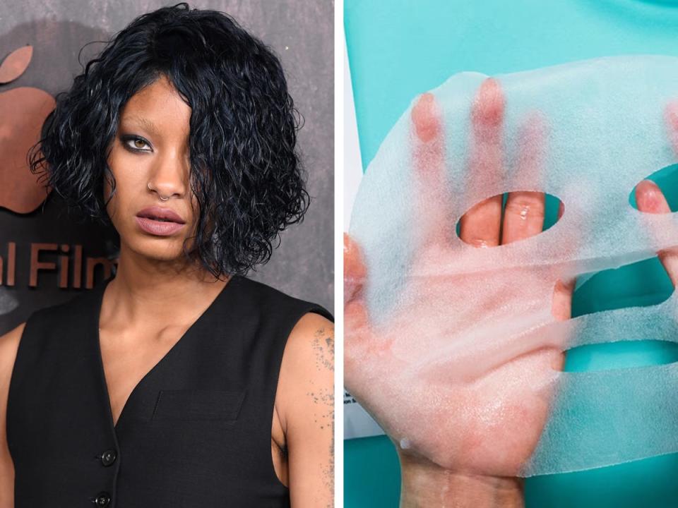 Willow Smith on left; a hand stretching out a Dr. Jart+ sheet mask on right