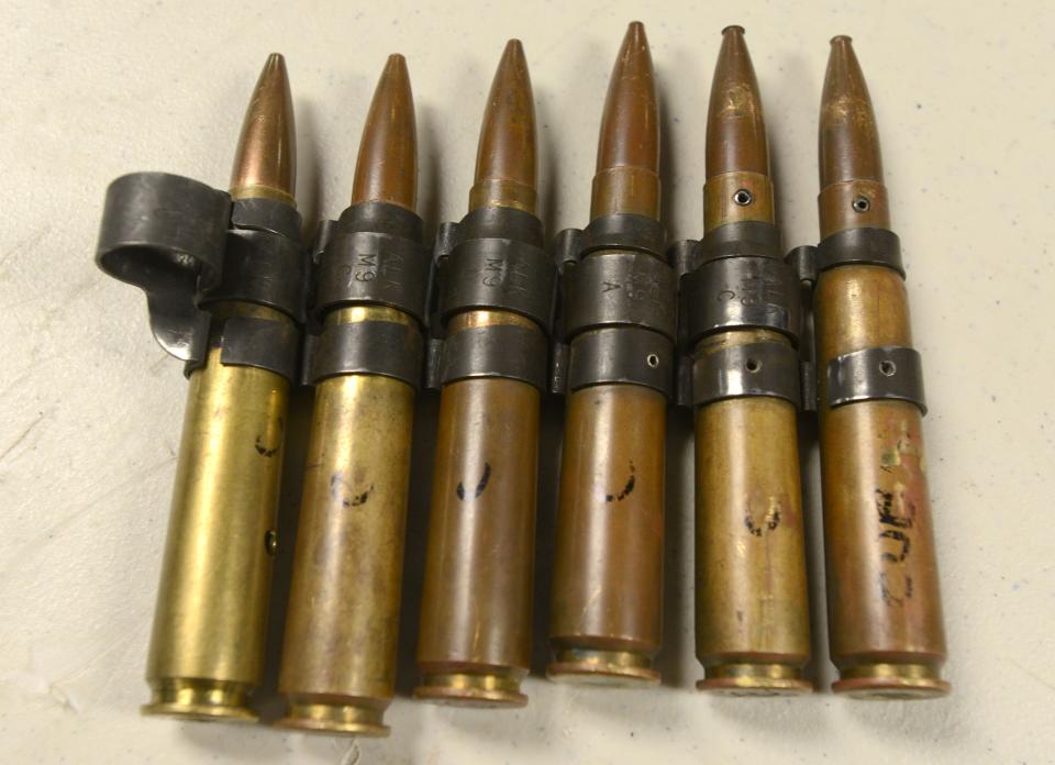 A clip of 50 caliber machine gun bullets on display in a virtual firing range that was one stop of a tour for civilians on Friday of Camp Edwards at Joint Base Cape Cod in Bourne.