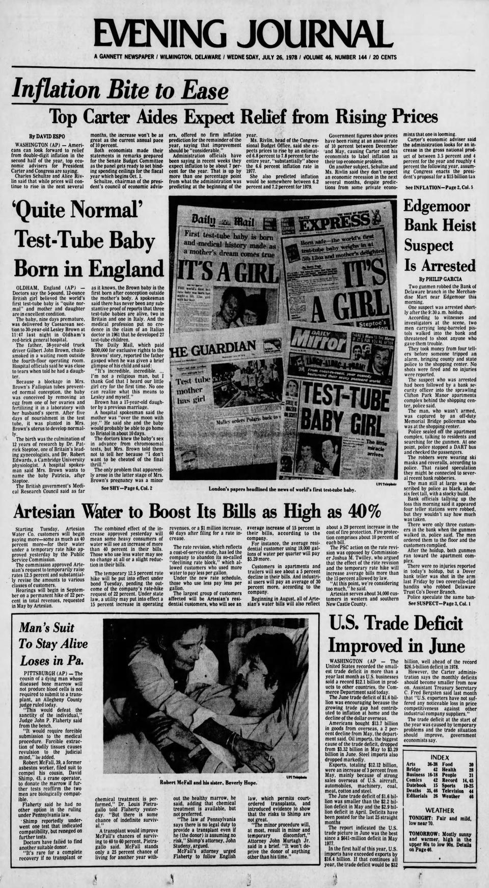 Front page of the Evening Journal from July 26, 1978.