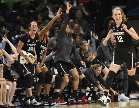 Apr 1, 2019; Chicago, IL, USA; The Stanford Cardinal bench celebrate a three-point basket by forward Lexie Hull (12) against the Notre Dame Fighting Irish during the second half in the championship game of the Chicago regional in the women's 2019 NCAA Tournament at Wintrust Arena. Mandatory Credit: David Banks-USA TODAY Sports