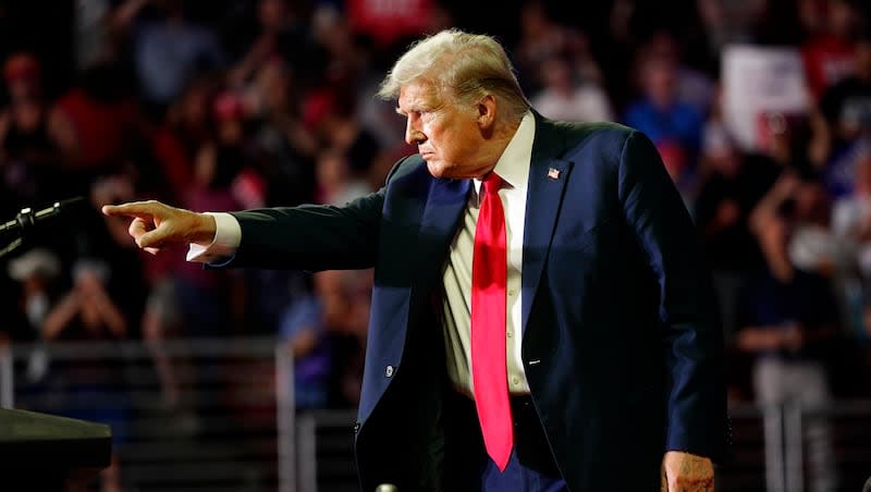 Republican presidential candidate former President Donald Trump gestures to the crowd at a campaign rally, Saturday, June 22, 2024, at Temple University in Philadelphia. Trump says he knows who he will choose for his vice president, and his pick will be present for the debate.