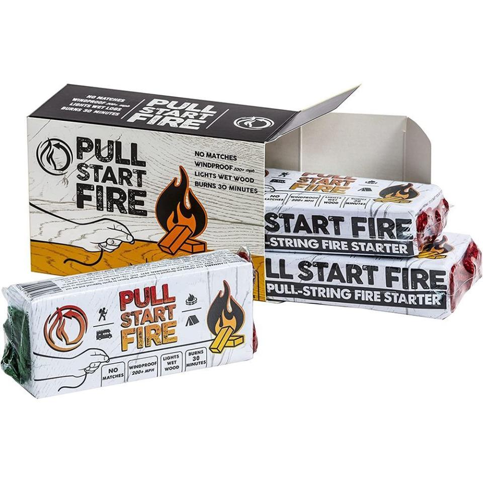 <p><strong>Pull Start Fire</strong></p><p>amazon.com</p><p><strong>$17.99</strong></p><p><a href="https://www.amazon.com/dp/B01LZYCDXU?tag=syn-yahoo-20&ascsubtag=%5Bartid%7C2089.g.33014766%5Bsrc%7Cyahoo-us" rel="nofollow noopener" target="_blank" data-ylk="slk:Shop Now;elm:context_link;itc:0;sec:content-canvas" class="link ">Shop Now</a></p><p>Being able to start a fire was perhaps humanity’s first-ever innovation — and we haven’t stopped tinkering with ways to make starting a fire better, easier, and safer.</p><p>Meet the <a href="https://www.amazon.com/dp/B01LZYCDXU?tag=syn-yahoo-20&ascsubtag=%5Bartid%7C2089.g.33014766%5Bsrc%7Cyahoo-us" rel="nofollow noopener" target="_blank" data-ylk="slk:Pull Start Fire Matchfree Pull String Firestarter;elm:context_link;itc:0;sec:content-canvas" class="link ">Pull Start Fire Matchfree Pull String Firestarter</a>. As the name suggests, you don't need any matches, lighters, or kindling to get a fire crackling. Just place it under some logs, pull the string, and you'll be warming your hands beside the fire in no time.</p><p>➥ <a href="https://www.bestproducts.com/home/outdoor/a42099236/pull-start-fire-review/" rel="nofollow noopener" target="_blank" data-ylk="slk:Read Our Full Review;elm:context_link;itc:0;sec:content-canvas" class="link ">Read Our Full Review</a></p>