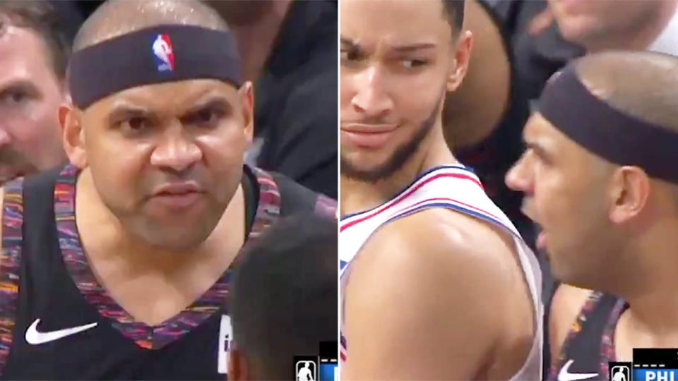 Jared Dudley came off second-best in his feud with Sixers star Ben Simmons. Pictures: Twitter/@BleacherReport