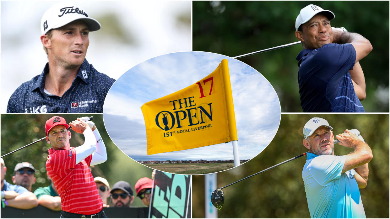  Four golfers in a montage and a 151st Open flag blowing in the wind overlayed 