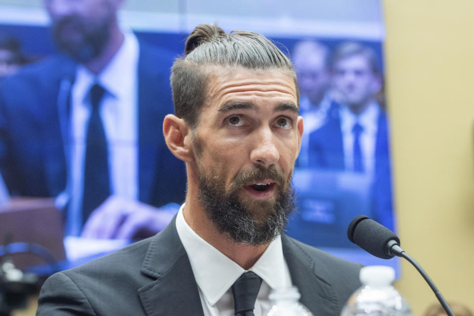 Michael Phelps, former Olympic athlete, testifies during a House Committee on Energy and Commerce Subcommittee on Oversight and Investigations hearing examining Anti-Doping Measures in Advance of the 2024 Olympics, on Capitol Hill, Tuesday, June 25, 2024, in Washington. (AP Photo/Rod Lamkey, Jr.)