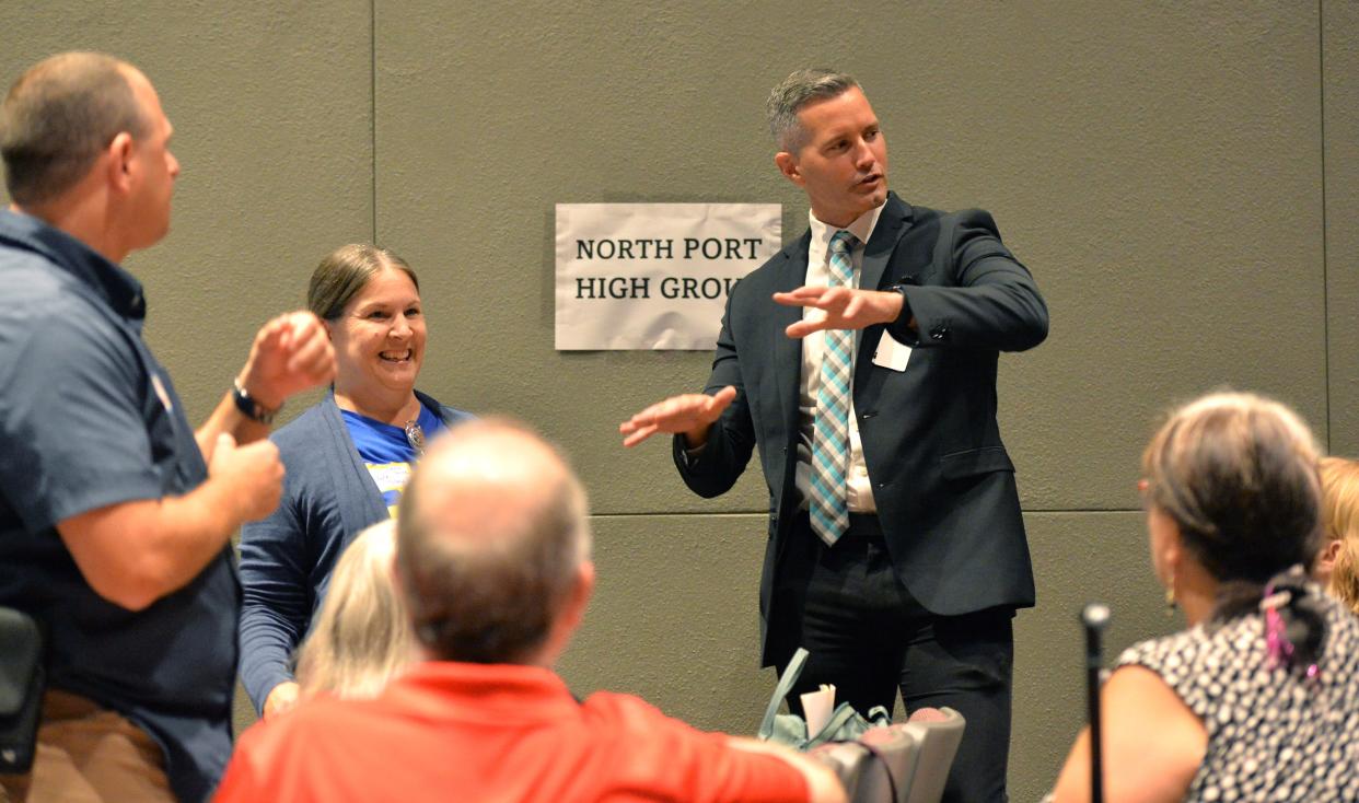 Sarasota County School District Superintendent Terry Connor speaks arts teachers before the start of the Sarasota County Arts Teachers Pre-planning Professional Learning conference Monday at Riverview High School. 