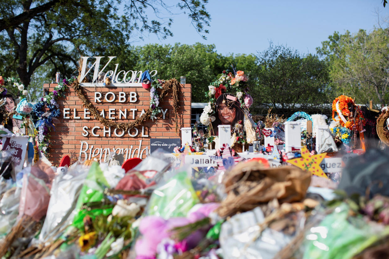 The memorial outside Robb Elementary School is seen on July 13.