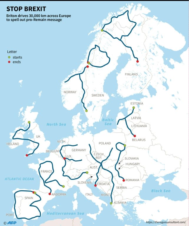 Andy Pardy's 30,000km journey spells out "STOP BREXIT"