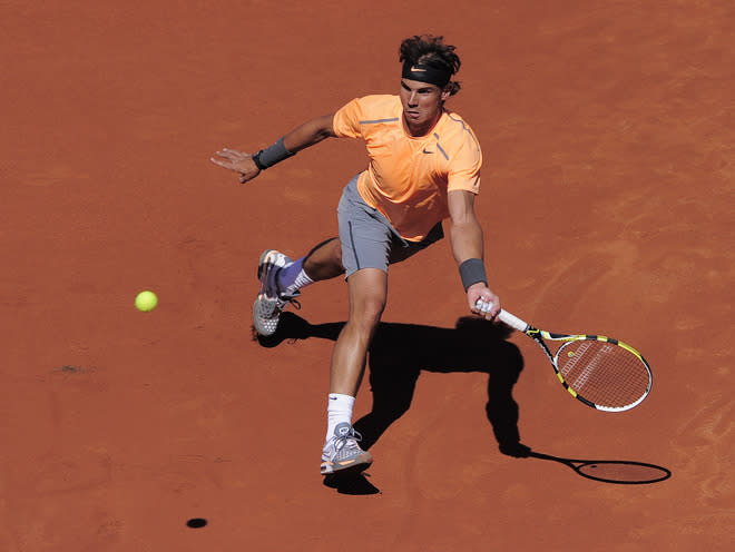 Rafael Nadal of Spain returns the ball to compatriot David Ferrer during the final match of the Barcelona Open tennis tournament Conde de Godo on April 29, 2012, in Barcelona. Nadal won 6-2, 6-4. AFP PHOTO / JOSEP LAGOJOSEP LAGO/AFP/GettyImages