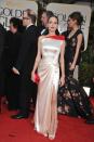 <p>Angelina Jolie arrived at the 2012 Golden Globes in a two-tone satin Atelier Versace gown.</p>