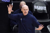 FILE - In this May 22, 2021, file photo, Dallas Mavericks head coach Rick Carlisle gestures during the second half in Game 1 of an NBA basketball first-round playoff series against the Los Angeles Clippers in Los Angeles. Carlisle stepped down as coach of the Mavericks on Thursday, June 17, 2021, the second major departure for that franchise in as many days. (AP Photo/Mark J. Terrill, File)