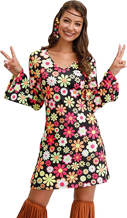 Women&#39;s Halloween Floral 1960&#39;s 1970&#39;s Hippie Costume Dress. Image via Amazon.