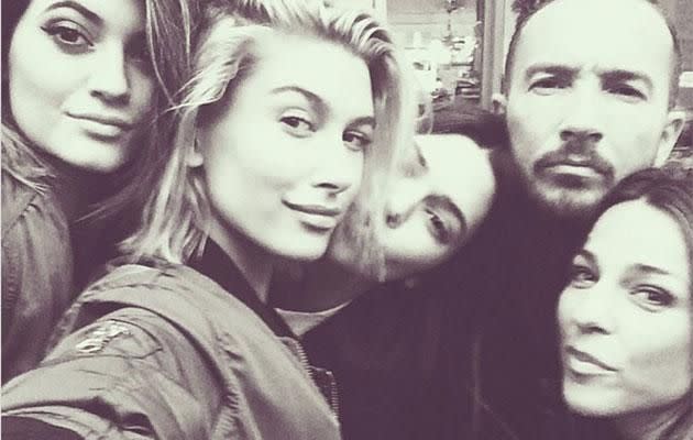 Hailey Baldwin and Kylie Jenner pose in a photo with pastor Carl Lentz. Source: Instagram