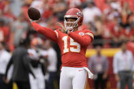 Kansas City Chiefs quarterback Patrick Mahomes warms up before the start of an NFL preseason football game against the Cleveland Browns Saturday, Aug. 26, 2023, in Kansas City, Mo. (AP Photo/Charlie Riedel)