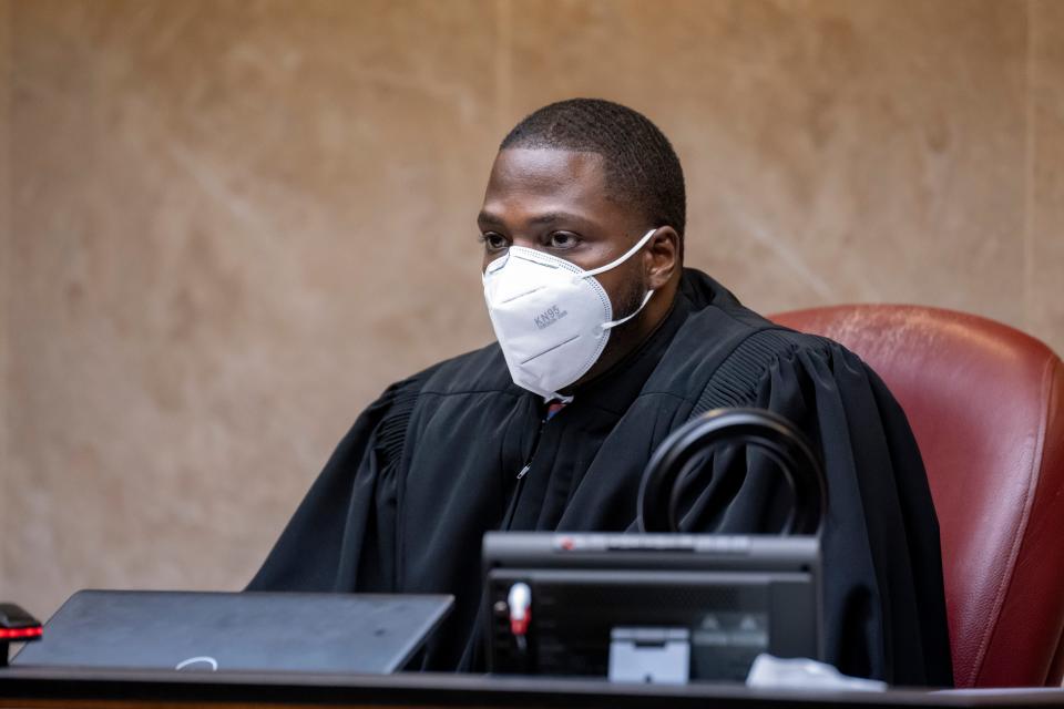 Judge Kwame Rowe presides over a placement hearing for Ethan Crumbley at Oakland County circuit court in Pontiac, Mich., on Feb. 22, 2022. Crumbley, 15, is charged with the fatal shooting of four fellow students and the wounding of seven others, including a teacher at Oxford High School on Nov. 30.