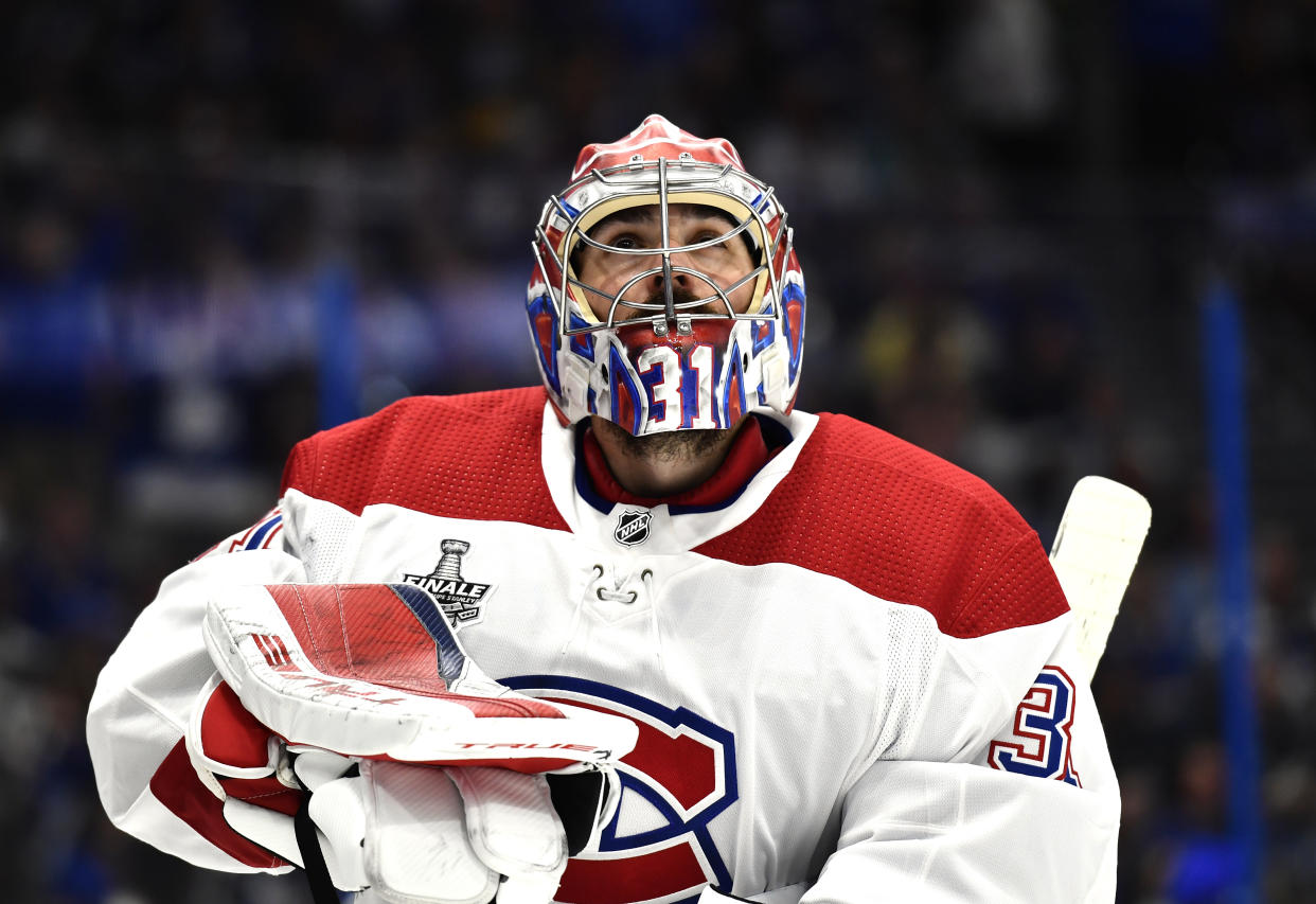 TAMPA, FLORIDA - JULY 07: Goaltender Carey Price #31 of the Montreal Canadiens looks on during the third period of Game Five of the 2021 Stanley Cup Final against the Tampa Bay Lightning at Amalie Arena on July 07, 2021 in Tampa, Florida. (Photo by Florence Labelle/NHLI via Getty Images)