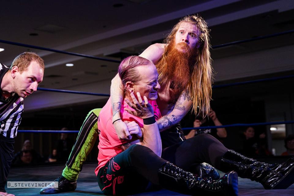 Phinehas Sun and Kayda Syn battle as Brian Baize referees in Xcite Wrestling action. The promotion will make its Hornell debut Saturday with Maple City Madness at the Hornell YMCA.