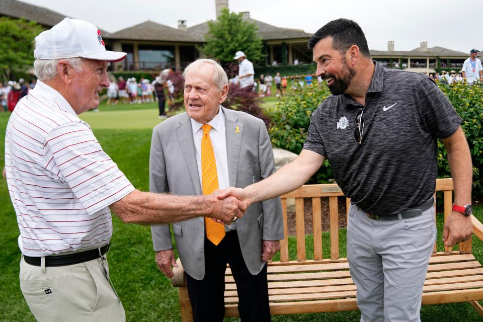 Jun 5, 2024; Columbus, Ohio, USA; Jack Nicklaus talks to Ohio State football coach Ryan Day and former coach John Cooper during a practice day for the Memorial Tournament at Muirfield Village Golf Club.