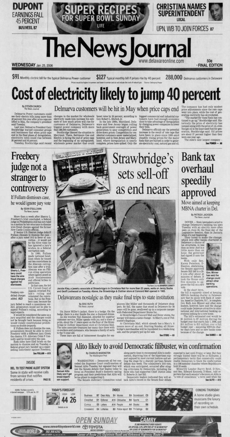Front page of The News Journal from Jan. 25, 2006.