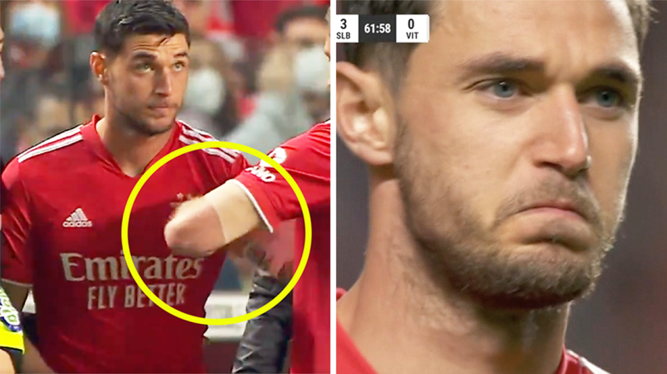 Ukraine footballer Roman Yaremchuk (pictured left) being handed the captain's armband and (pictured right) brought to tears after the club's touching act.