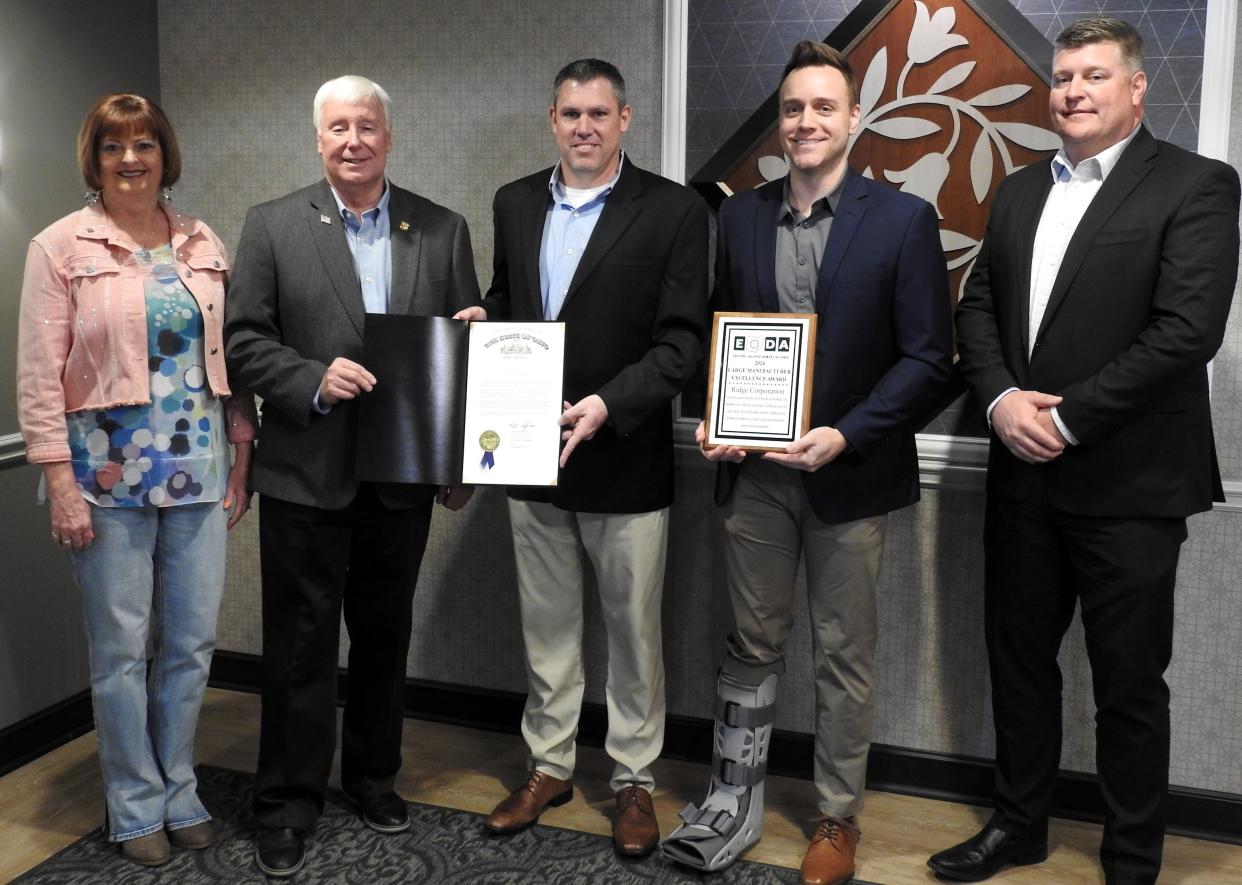 Muskingum County Commissioner Mollie Crooks, State Sen. Al Landis, Nathan Stultz and Stuart Daily of Ridge Corporation and Matt Abbott of the Zanesville-Muskingum County Port Authority at EODA luncheon. Ridge Corporation received the Large Manufacturer Excellence Award.