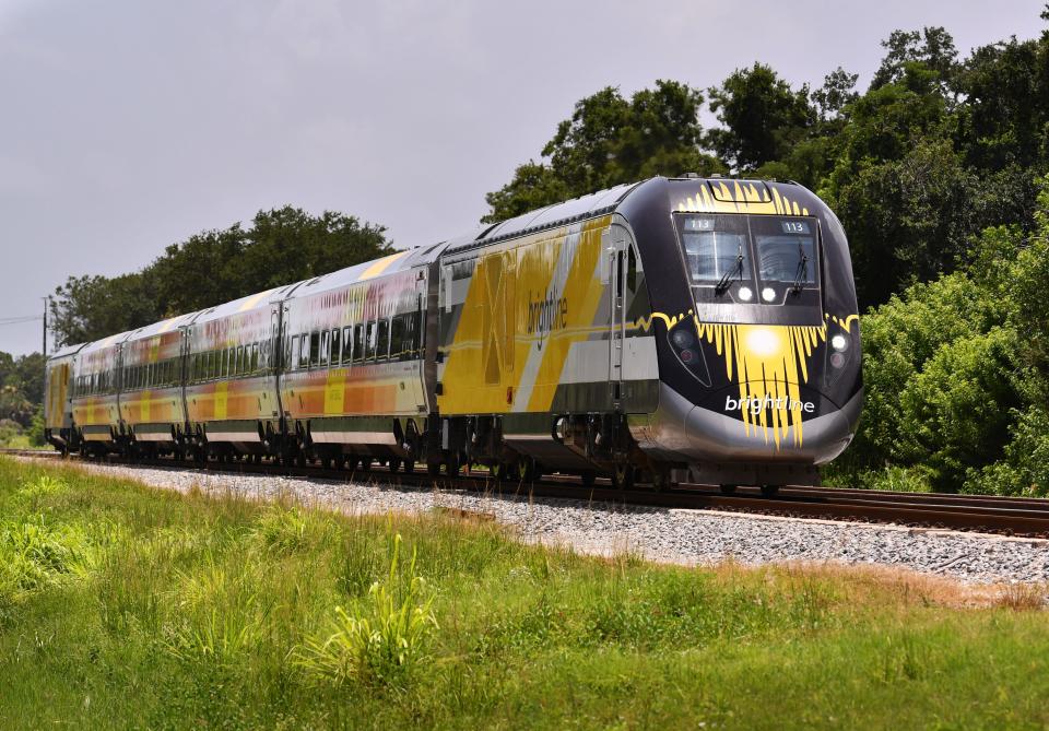 Brightline's first train approaches Suntree Boulevard on Wednesday afternoon to start test runs up to 79 mph between Post Road in Melbourne and Barnes Boulevard in Rockledge.