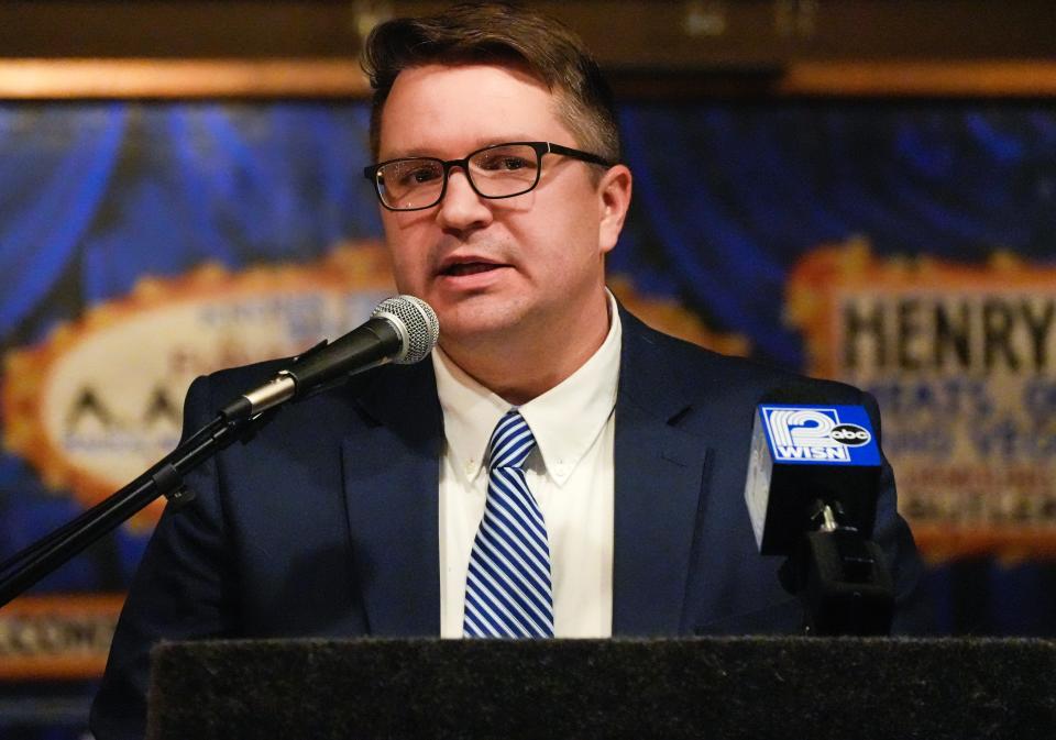 State Rep. Evan Goyke, candidate for Milwaukee City Attorney, delivers his victory speech following the win over Milwaukee City Attorney Tearman Spencer at Goyke’s election night celebration at Anodyne Coffee Roasting Co. in Milwaukee.