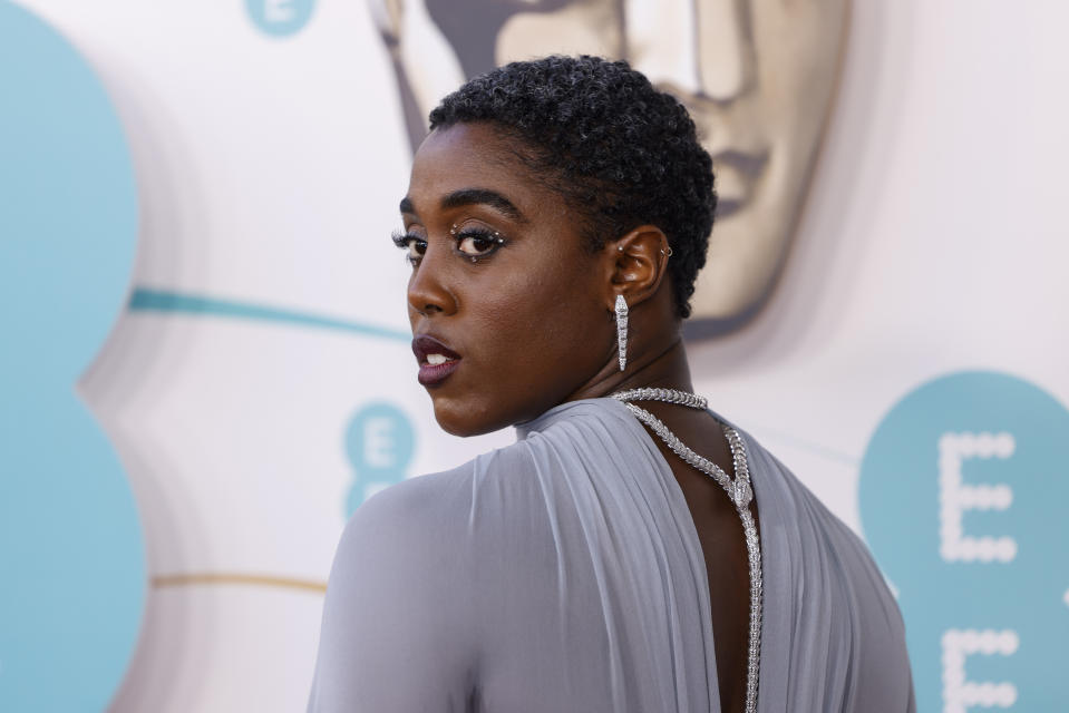 Lashana Lynch poses for photographers upon arrival at the 76th British Academy Film Awards, BAFTA's, in London, Sunday, Feb. 19, 2023. (Photo by Vianney Le Caer/Invision/AP)