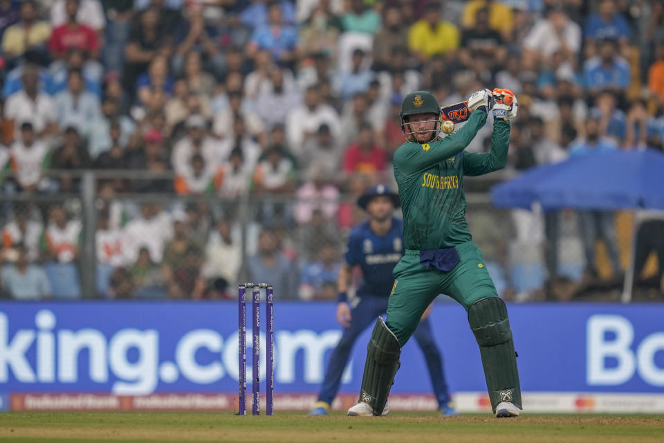 South Africa's Heinrich Klaasen bats during the ICC Men's Cricket World Cup match between South Africa and England in Mumbai, India, Saturday, Oct. 21, 2023. (AP Photo/ Rafiq Maqbool)