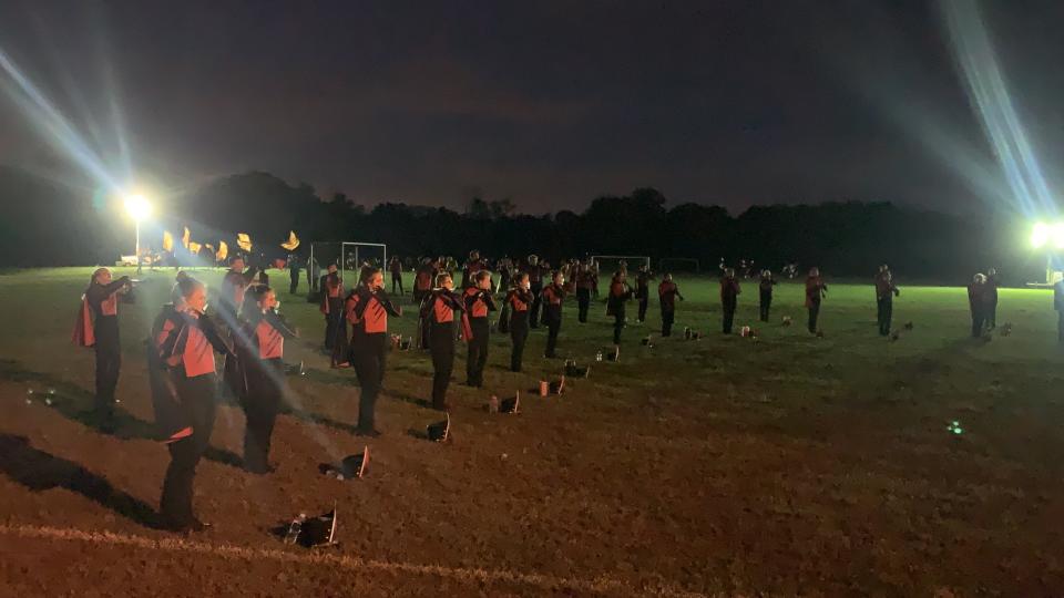 Kingsway Regional Higgh School Marching Band rehearses on the soccer field at Washington Township HIgh School before performing at the COVID Classic Oct. 24, 2020.