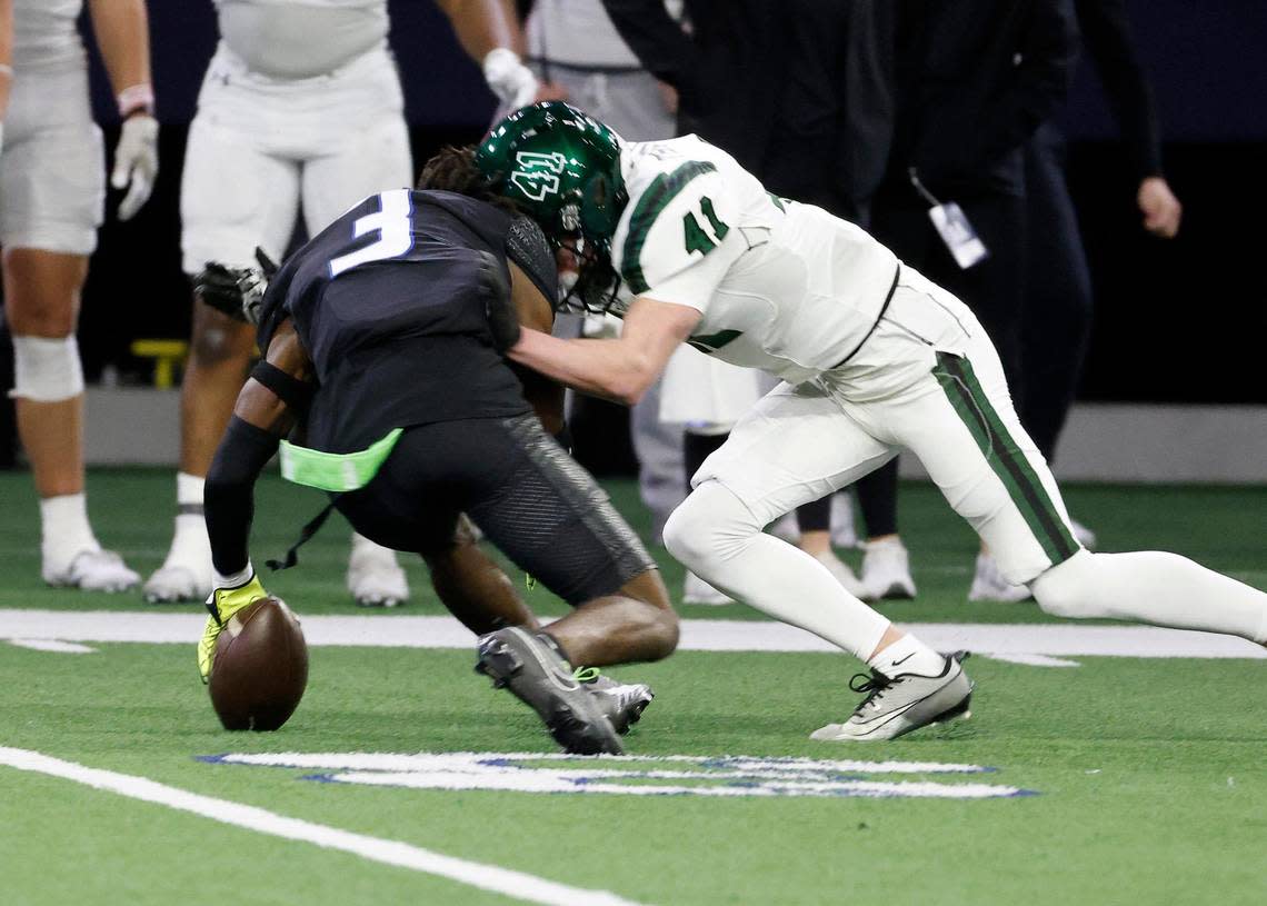 The game almost started off bad when North Crowley wide receiver Dekoryian West-Davis (3) dropped the opening kickoff defended by Prosper defensive back Logan Thompson (41) in the first half of a UIL Class 6A Division 1 football regional-round playoff game at The Ford Center in Frisco, Texas, Saturday, Oct. 25, 2023.