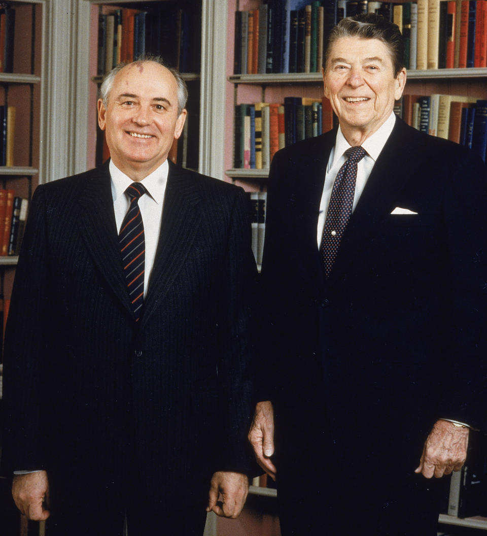 Gorbachev and Reagan in the White House library in late 1987 - Credit: Getty Images