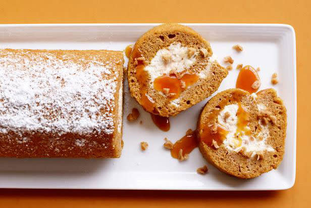 Pumpkin Roll Cake with Caramel and Toffee