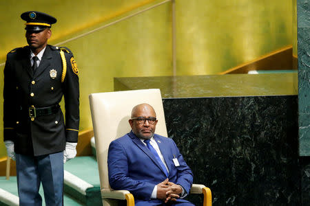 FILE PHOTO: Comoros President Azali Assoumani sits in the chair reserved for heads of state before delivering his address during the 73rd session of the United Nations General Assembly at U.N. headquarters in New York, U.S., September 27, 2018. REUTERS/Eduardo Munoz/File Photo