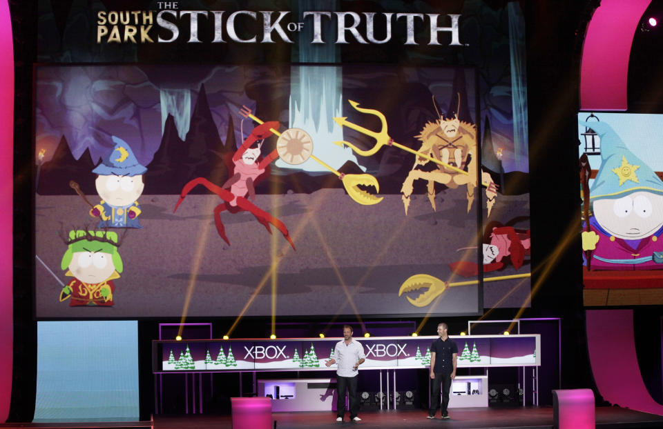 Television show South Park co-creators Trey Parker, left, and Matt Stone present South Park's new interactive game for Xbox: "The Stick of Truth," at the Microsoft Xbox E3 2012 media briefing in Los Angeles, Calif., Monday, June 4, 2012. The Electronic Entertainment Expo runs from June 5-7 in Los Angeles. ( AP Photo/Damian Dovarganes)