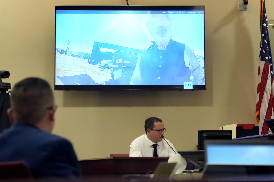 Law enforcement officer Nicholas LeFleur testifies during actor Alec Baldwin's hearing at Santa Fe County District Court. 