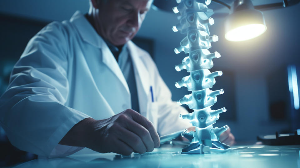 A medical professional guiding a robotic tool placing pedicle screws in a patient's spinal column.