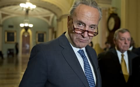 Senate Minority Leader Chuck Schumer, a Democrat from New York, listens during a news conference after a weekly Democratic luncheon meeting at the U.S. Capitol in Washington, D.C., U.S., on Wednesday, Sept. 6, 2017 - Credit: Bloomberg