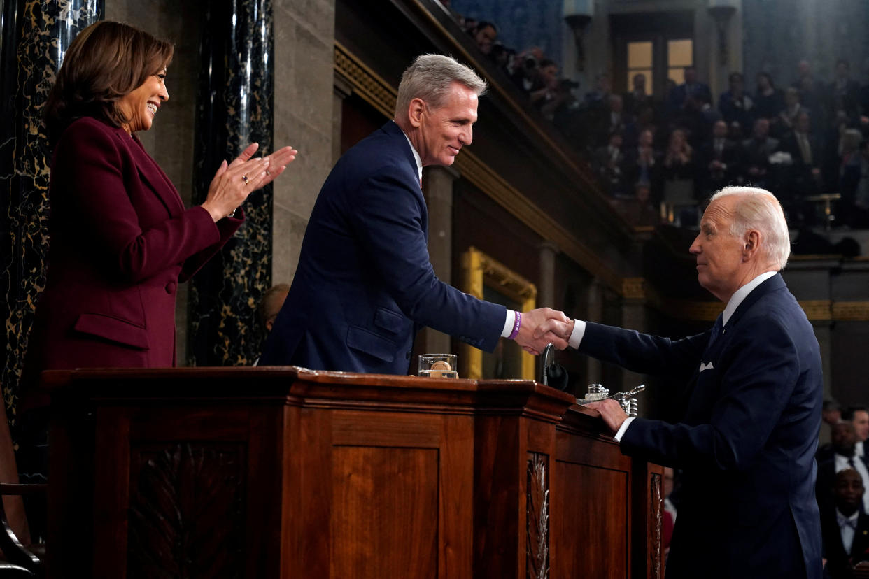 President Joe Biden shakes hands with House Speaker Kevin McCarthy of Calif., as Vice President Kamala Harris watches after the State of the Union address to a joint session of Congress at the Capitol, Tuesday, Feb. 7, 2023, in Washington.   Jacquelyn Martin/Pool via REUTERS